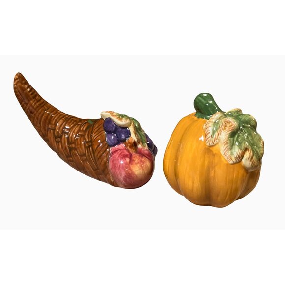 Decorative Ceramic Harvest Cornucopia Thanksgiving Salt and Pepper Shaker Set - Picture 2 of 10